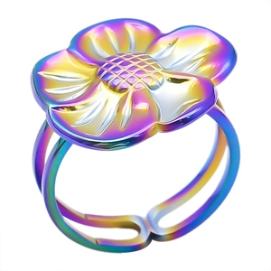 Close-up of rainbow stainless steel flower ring with adjustable double band