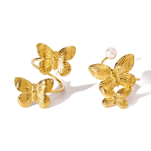 Gold butterfly open ring set with pearl detail, elegant 18k plated stainless steel