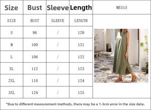 Detailed size chart for the V-neck sleeveless maxi dress with bust and length measurements