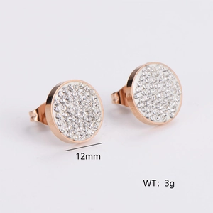 Macro detail of 12mm rose gold round stud earrings with sparkling pave-set crystals