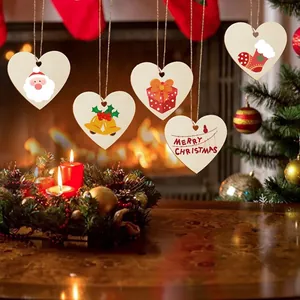 5-piece heart-shaped wooden Christmas ornaments with festive patterns and jute twine