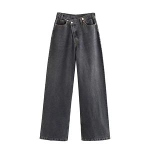 High-waisted wide-leg denim jeans in dark grey featuring a unique cross-button waist design
