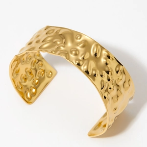 Hammered Stainless Steel Bangle Bracelet Wide Open Cuff Irregular Texture Waterproof Hypoallergenic Minimalist Jewelry