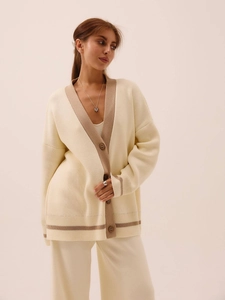 Chic knit cardigan set with V-neck button jacket and wide-leg pants in beige and brown