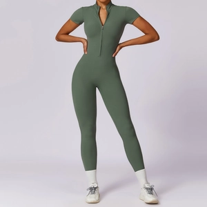 Women's Short Sleeve Stand Collar Zipper Jumpsuit Solid Color High Elastic Slim Fit Long Pants Sporty Yoga Bodysuit