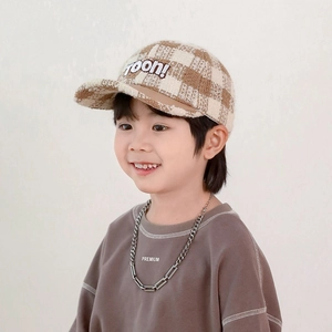 Kids plaid baseball cap with embroidered Toon text and beige check pattern for boys
