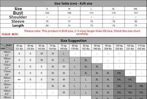Men's cotton knit sweater size chart with EUR dimensions for bust, sleeve and length