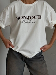 T-shirt décontracté en coton blanc avec imprimé BONJOUR pour un style estival relaxé