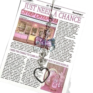 Handmade Y2K purple gradient ribbon bow phone charm with crystal beads and metal heart