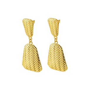 Gold-plated geometric earrings with woven texture on a white background