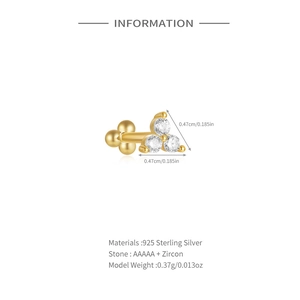 Detail of 925 sterling silver golden stud earring with AAAAA+ zircon and size specifications