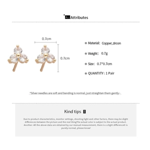 Detailed specs for gold flower zircon stud earrings showing size and copper material