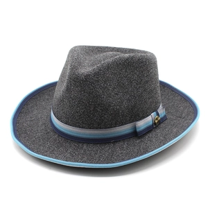 Classic dark grey wool fedora hat with striped ribbon band and blue brim edge detail