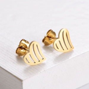 Polished gold plated stainless steel heart stud earrings with hollow striped design