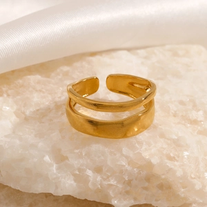 Minimalist double layer open ring with 18K gold plating and natural concave texture