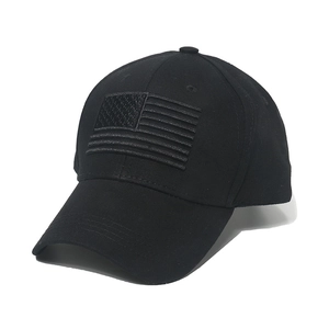 Black cotton baseball cap with American flag embroidery and classic curved brim