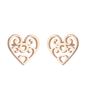 Rose gold heart-shaped stud earrings with intricate openwork filigree on white background