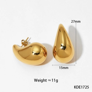 Detailed view of gold teardrop earrings with dimensions of 27mm height and 15mm width