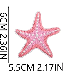 Pink starfish embroidered patch details with precise dimensions 6cm by 5.5cm shown clearly