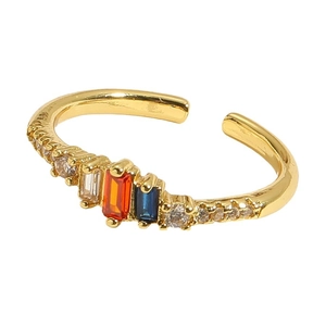 Adjustable gold ring with colorful marquise baguette crystals in blue, orange, and white
