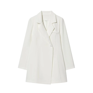 Detailed flat lay of a white long-sleeved blazer with classic lapels and single button