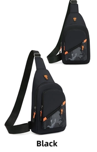 Detail of black chest bag showing durable camouflage texture and orange zipper accents