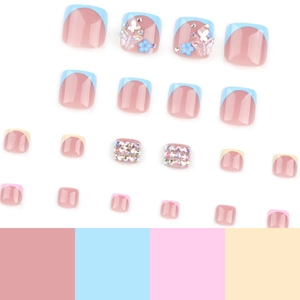 Lot de 24 faux ongles de pieds avec papillons 3D et strass brillants style français