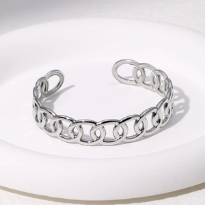 Bracciale rigido aperto minimalista in acciaio inossidabile argento con maglie lucide