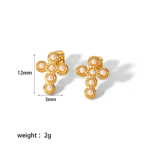 18k gold plated stainless steel cross stud earrings with small inlaid pearls 12mm size