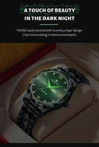 Luminous hands and dual calendar display on green dial with black steel watch band