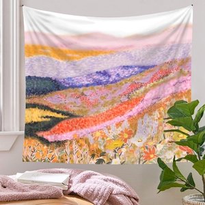 Impressionist floral landscape tapestry featuring mountains for aesthetic room decor