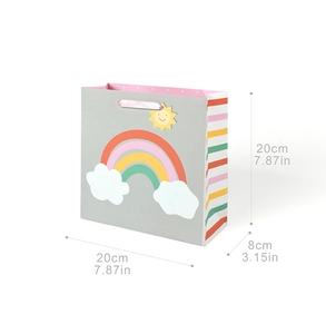 Detail of square cartoon rainbow gift bag with sun tag and 20x20x8cm size dimensions