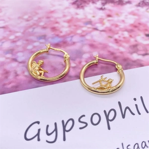 Polished S925 sterling silver gold-plated hoop earrings with angel cupid relief charm