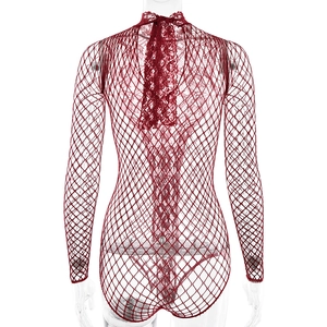 Detailed back view of red long sleeve rhinestone mesh bodysuit with intricate lace accents