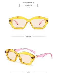 Detail of yellow polygon frames with pink temples and metal hinges on sunglasses