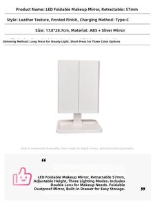 Detail of white foldable LED vanity mirror with Type-C charging and adjustable stand height