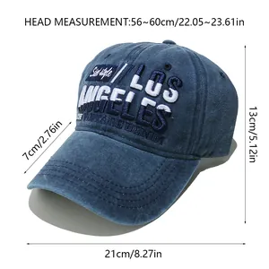 Size guide for vintage washed cotton Los Angeles baseball cap showing head circumference