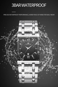 Close-up of waterproof men's square watch with silver steel strap splashing in water
