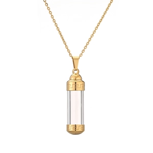 Golden perfume bottle pendant necklace with transparent glass and Greek fret patterns