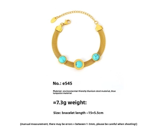 Detail of 18k gold mesh chain bracelet with three round turquoise stone inlays