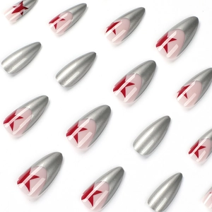 French silver tip red star long stiletto press-on nails with semi-sheer base