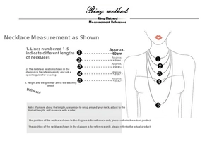 Size guide showing stainless steel necklace lengths from 40cm to 75cm on human torso
