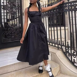 Robe Midi Sans Manches Femmes Col Carré Bordure En Dentelle Boutonnée Ligne A Avec Poches Polyester Style Vintage