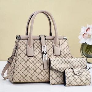 Detailed set of geometric pattern faux leather tote bag, clutch and small wallet in beige