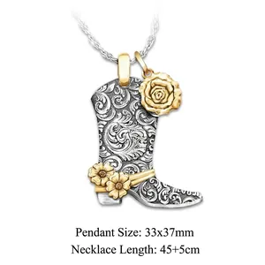Vintage western boot necklace with rose detail in silver and gold tone, 33x37mm size