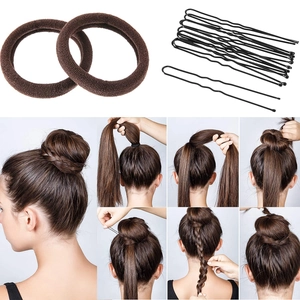 Tutorial showing bun styling steps with elastic hair ties and black U-shaped hairpins