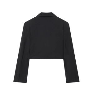 Back view of a chic black cropped blazer for women with padded shoulders and pleated details