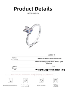 Macro view of 1ct emerald cut moissanite ring with detailed silver material specifications