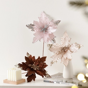 25cm champagne and pink velvet artificial Christmas flowers with sequins in a vase