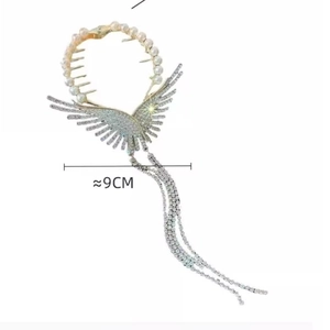 Elegant silver wing hair claw clip with rhinestones and pearl tassels, 9cm wide size
